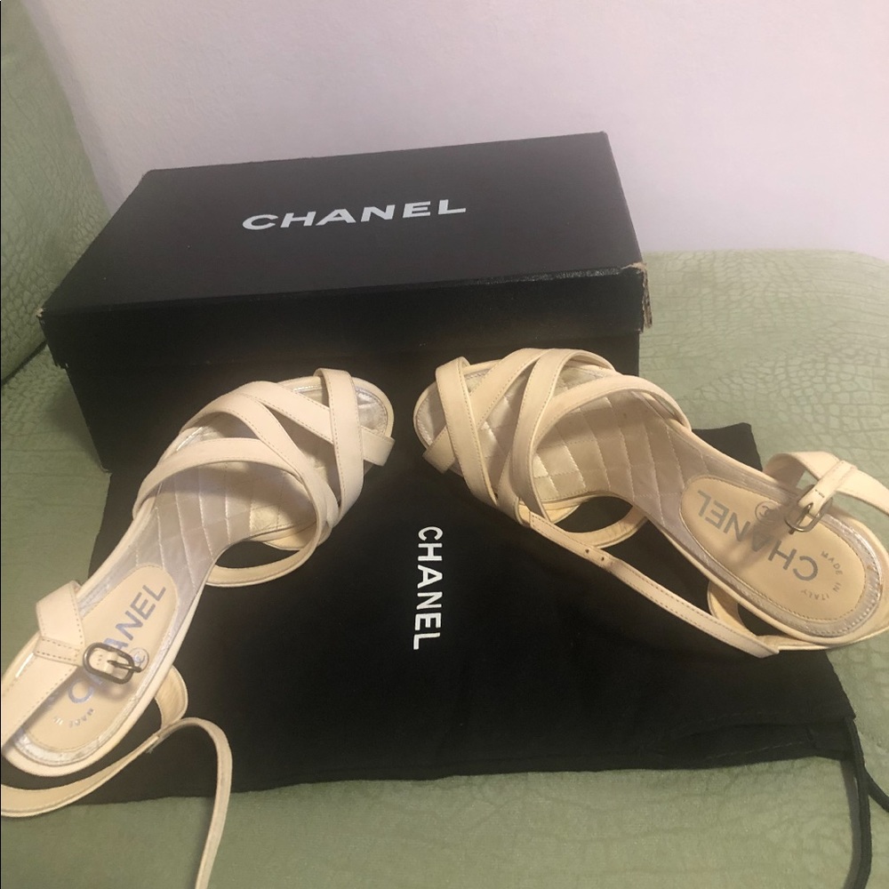 Chanel beautiful classy NUDE Leather Multi-strap with clear gem-accents logo.